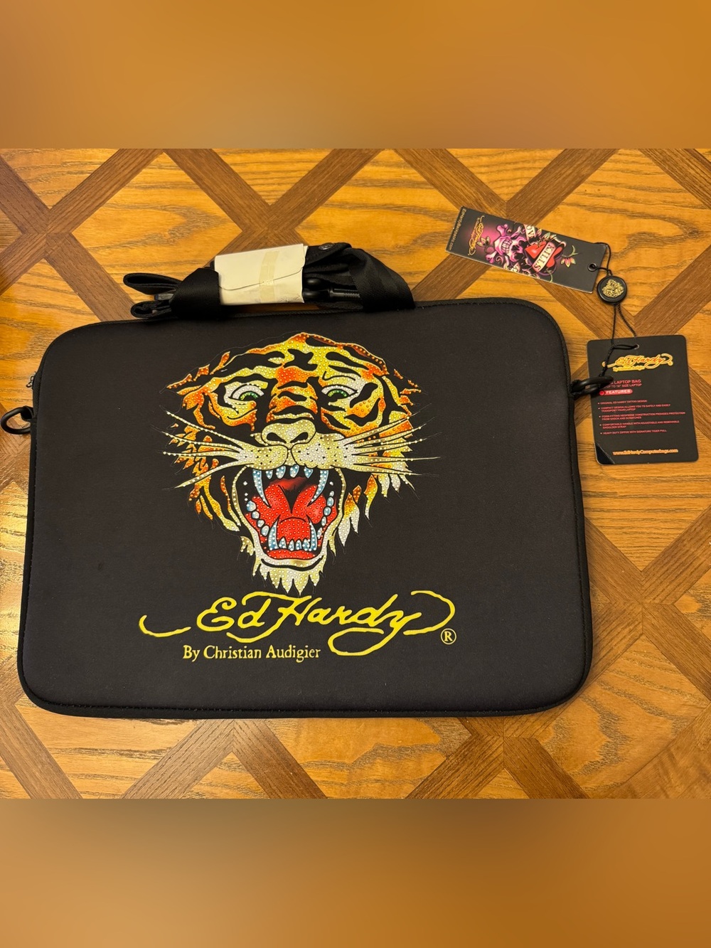 Ed Hardy Black Laptop Sleeve with Multicolor Tiger Graphic